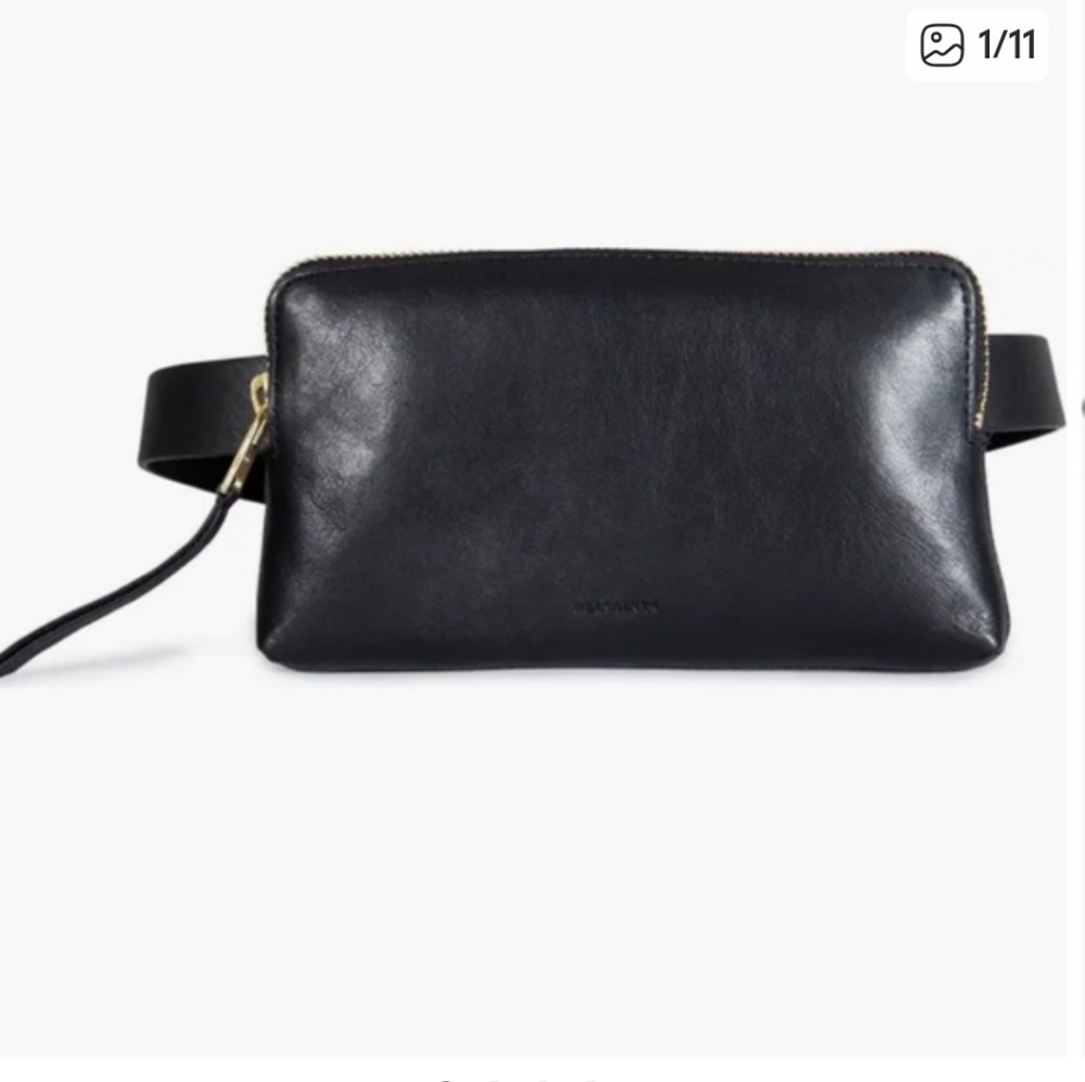 All Saints Black Leather belt bag, L/XL . Gold/brass hardware tone.